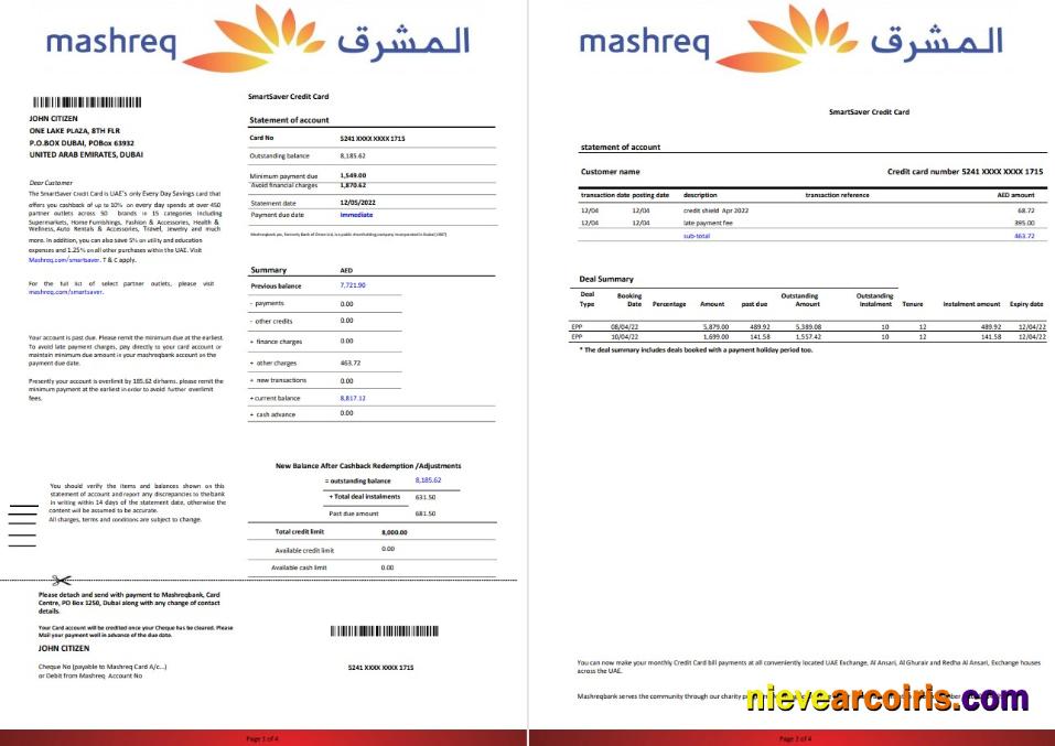 UAE Mashreq bank statement 4 pages
